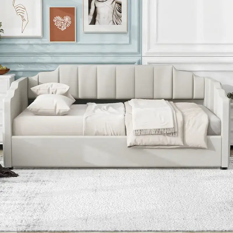 Lit de repos à cadre tapissé avec rangement relevable et garde-corps irrégulier, canapé-lit double pour chambre à coucher ou salon