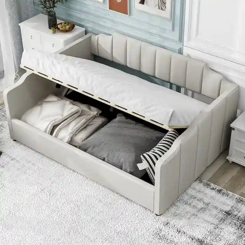 Lit de repos à cadre tapissé avec rangement relevable et garde-corps irrégulier, canapé-lit double pour chambre à coucher ou salon