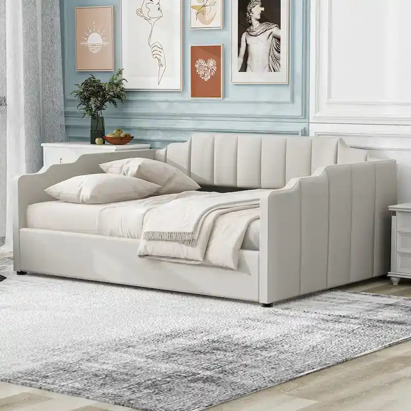 Lit de repos à cadre tapissé avec rangement relevable et garde-corps irrégulier, canapé-lit double pour chambre à coucher ou salon