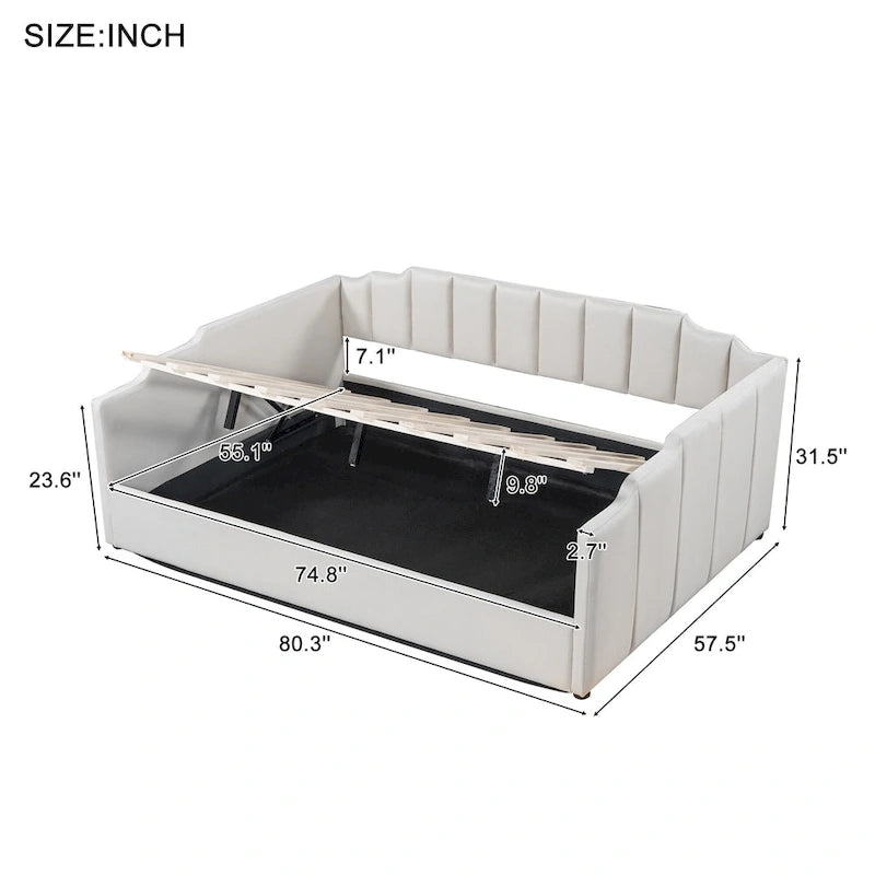 Lit de repos à cadre tapissé avec rangement relevable et garde-corps irrégulier, canapé-lit double pour chambre à coucher ou salon
