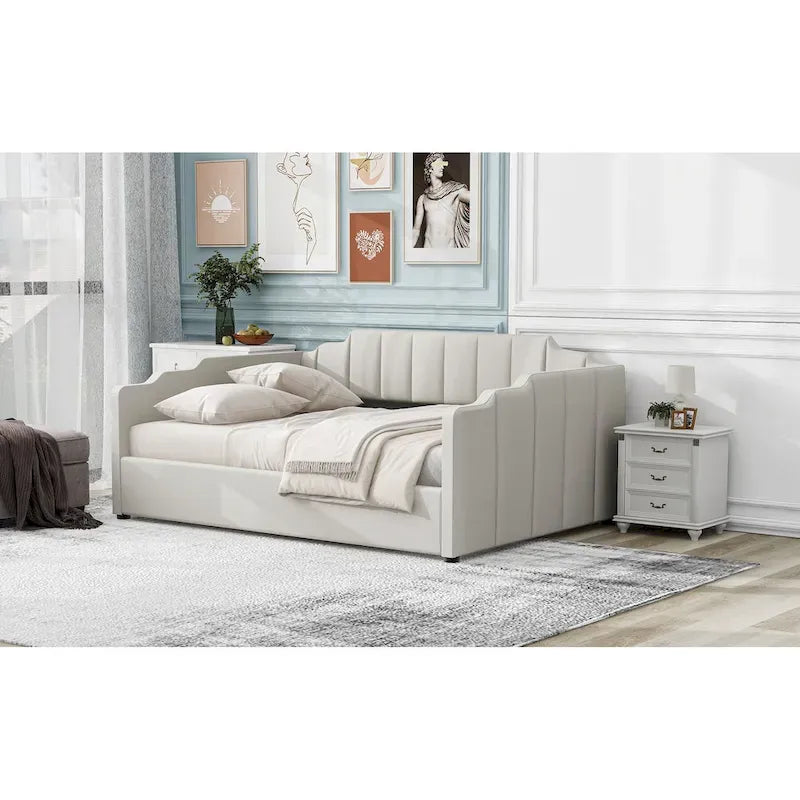 Lit de repos à cadre tapissé avec rangement relevable et garde-corps irrégulier, canapé-lit double pour chambre à coucher ou salon