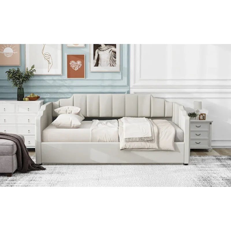 Lit de repos à cadre tapissé avec rangement relevable et garde-corps irrégulier, canapé-lit double pour chambre à coucher ou salon
