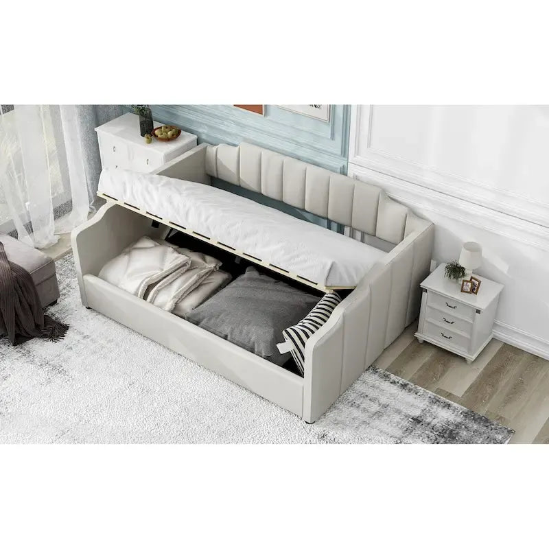 Lit de repos à cadre tapissé avec rangement relevable et garde-corps irrégulier, canapé-lit double pour chambre à coucher ou salon