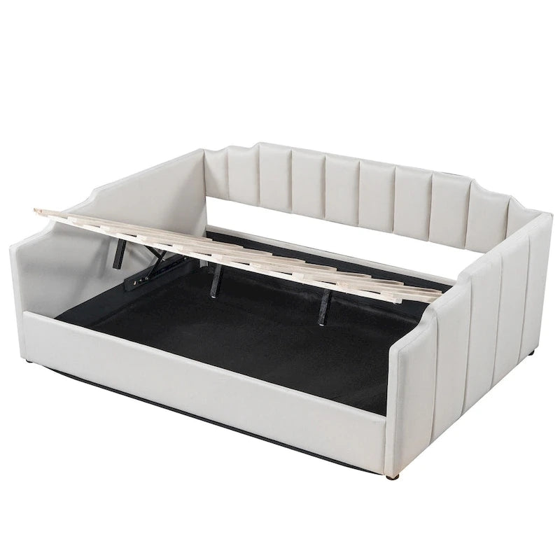 Lit de repos à cadre tapissé avec rangement relevable et garde-corps irrégulier, canapé-lit double pour chambre à coucher ou salon