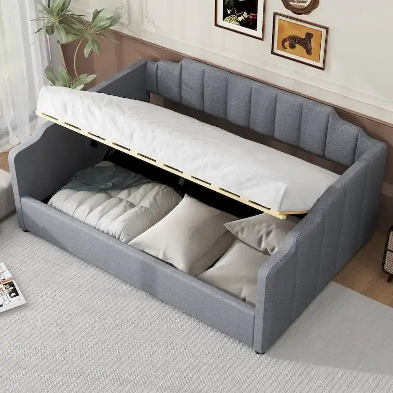 Lit de repos à cadre tapissé avec rangement relevable et garde-corps irrégulier, canapé-lit double pour chambre à coucher ou salon