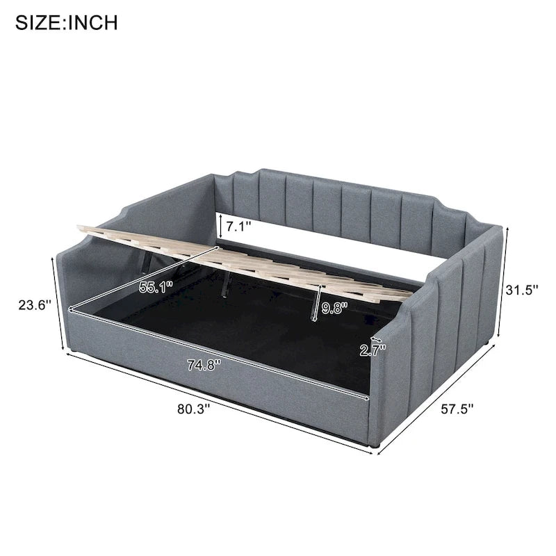 Lit de repos à cadre tapissé avec rangement relevable et garde-corps irrégulier, canapé-lit double pour chambre à coucher ou salon