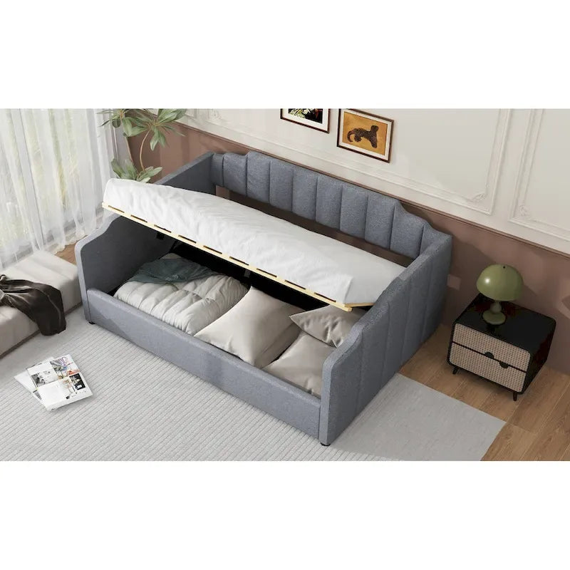 Lit de repos à cadre tapissé avec rangement relevable et garde-corps irrégulier, canapé-lit double pour chambre à coucher ou salon