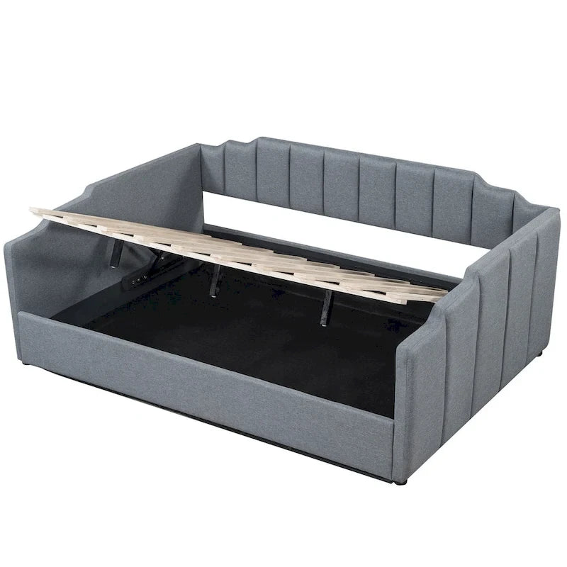 Lit de repos à cadre tapissé avec rangement relevable et garde-corps irrégulier, canapé-lit double pour chambre à coucher ou salon