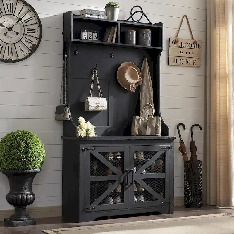 Banc d'entrée de ferme de 42 po de large avec porte-manteau, armoire de vestiaire