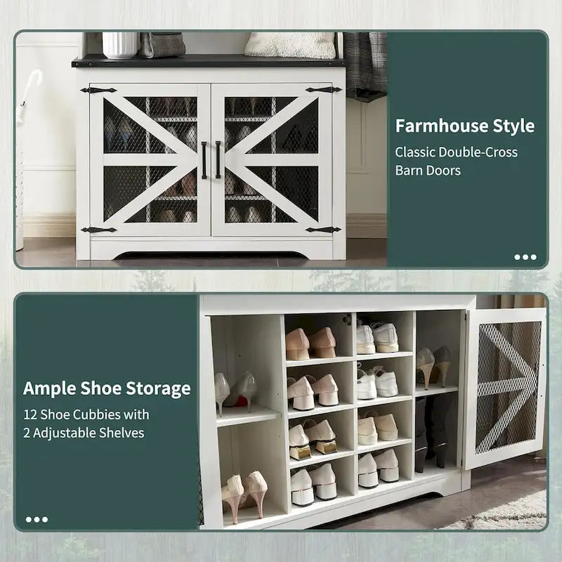 Banc d'entrée de ferme de 42 po de large avec porte-manteau, armoire de vestiaire