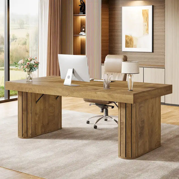 Bureau de direction 70,9 pouces, bureau d'ordinateur de ferme, grande station de travail pour bureau à domicile, marron
