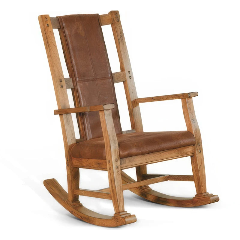 Fauteuil à bascule avec assise et dossier en similicuir, Chêne rustique marron