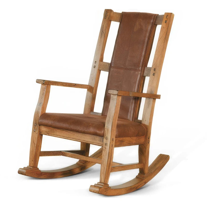 Fauteuil à bascule avec assise et dossier en similicuir, Chêne rustique marron