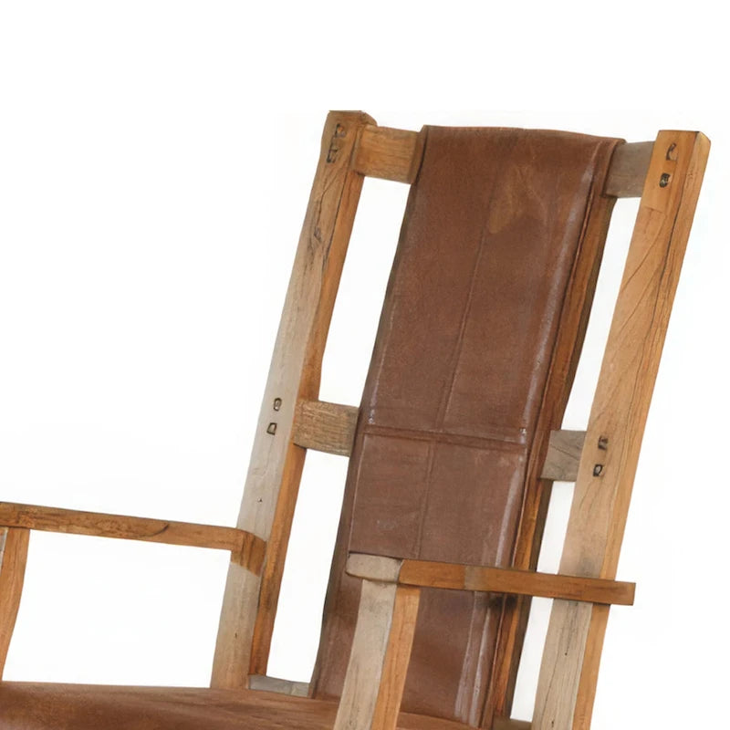 Fauteuil à bascule avec assise et dossier en similicuir, Chêne rustique marron
