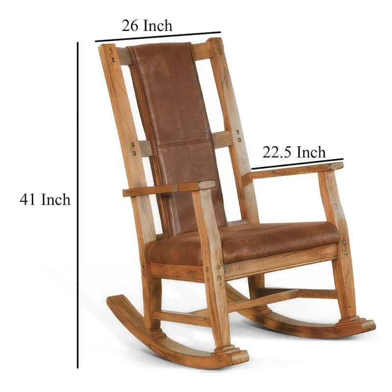 Fauteuil à bascule avec assise et dossier en similicuir, Chêne rustique marron