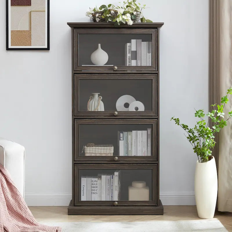 63.19 Vitrine en verre à 4 niveaux avec portes relevables et capacité de 68 kg, vitrine à bibelots peu encombrante pour objets de collection