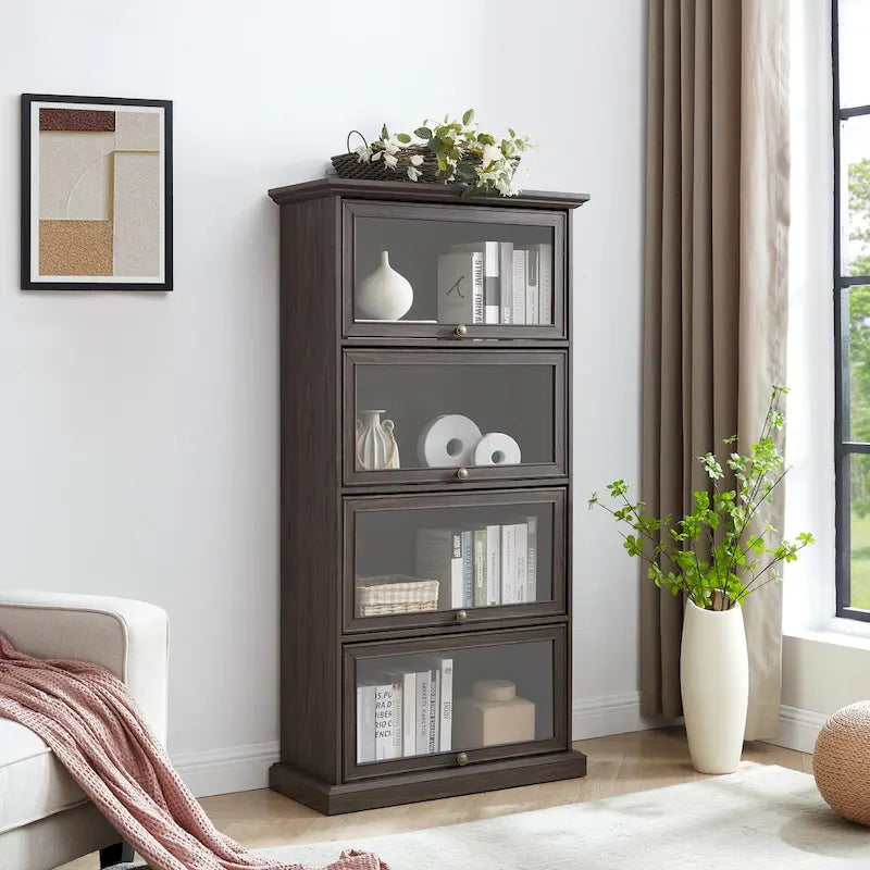 63.19 Vitrine en verre à 4 niveaux avec portes relevables et capacité de 68 kg, vitrine à bibelots peu encombrante pour objets de collection