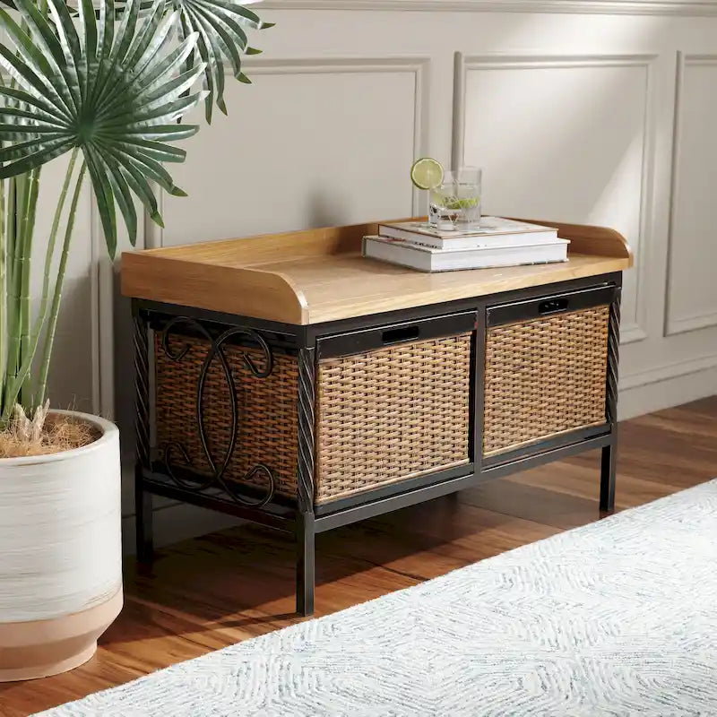 Banc de rangement en étain antique/frêne clair - 33 x 15,7 x 20 (33L x 16P x 20H)