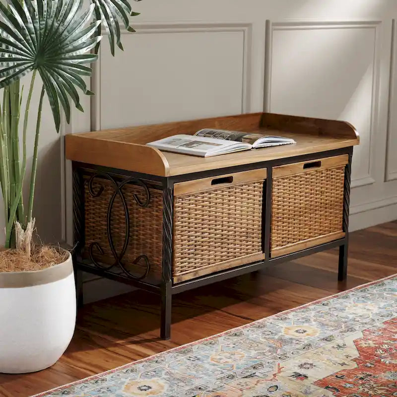 Banc de rangement en étain antique/frêne clair - 33 x 15,7 x 20 (33L x 16P x 20H)