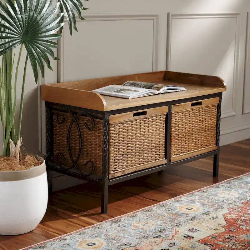 Banc de rangement en étain antique/frêne clair - 33 x 15,7 x 20 (33L x 16P x 20H)