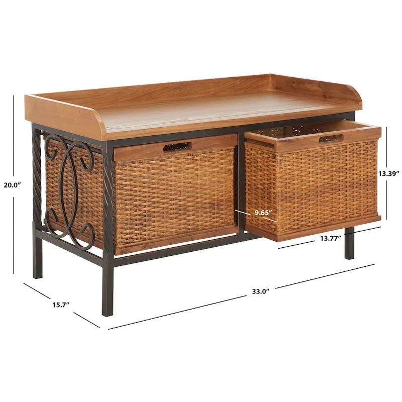 Banc de rangement en étain antique/frêne clair - 33 x 15,7 x 20 (33L x 16P x 20H)