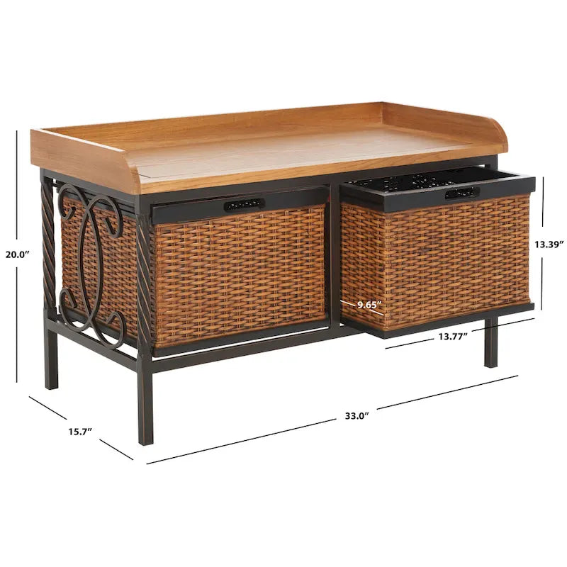 Banc de rangement en étain antique/frêne clair - 33 x 15,7 x 20 (33L x 16P x 20H)