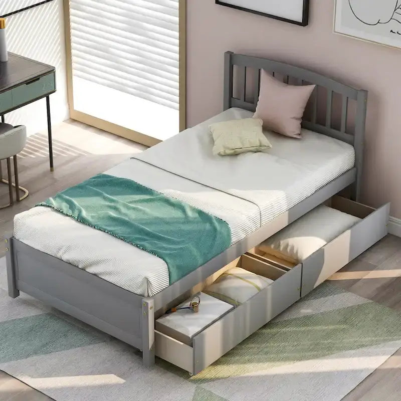 Lit de rangement plateforme en bois, taille double, avec tiroirs