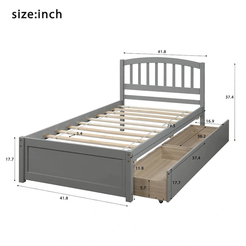 Lit de rangement plateforme en bois, taille double, avec tiroirs
