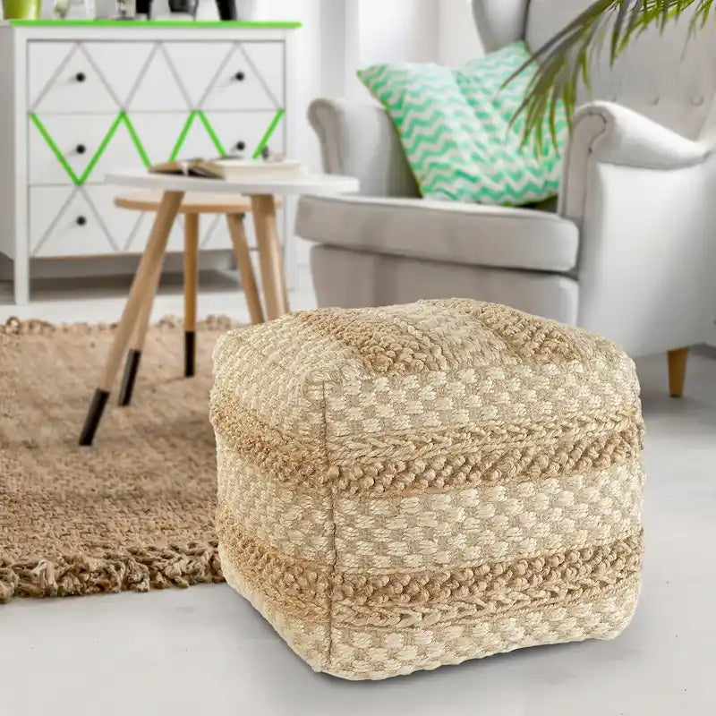 Pouf à carreaux en jute naturelle