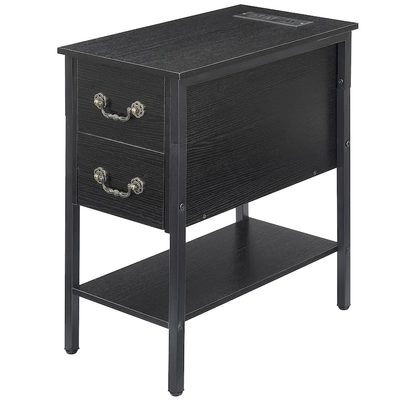 Table de chevet avec station de recharge, 2 ports USB et 2 prises de courant, table d'appoint haute avec 2 tiroirs et étagère de rangement