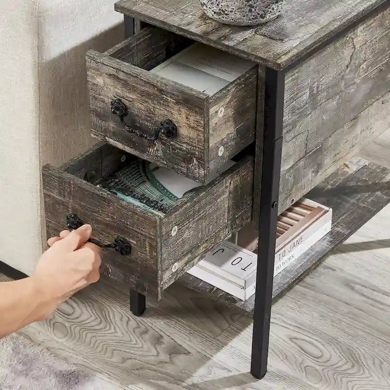 Table de chevet avec station de recharge, 2 ports USB et 2 prises de courant, table d'appoint haute avec 2 tiroirs et étagère de rangement