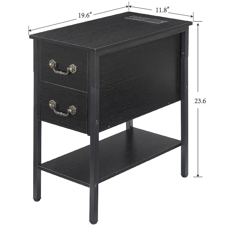 Table de chevet avec station de recharge, 2 ports USB et 2 prises de courant, table d'appoint haute avec 2 tiroirs et étagère de rangement
