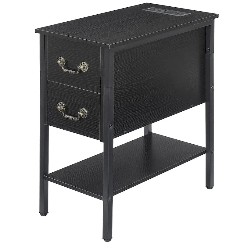 Table de chevet avec station de recharge, 2 ports USB et 2 prises de courant, table d'appoint haute avec 2 tiroirs et étagère de rangement