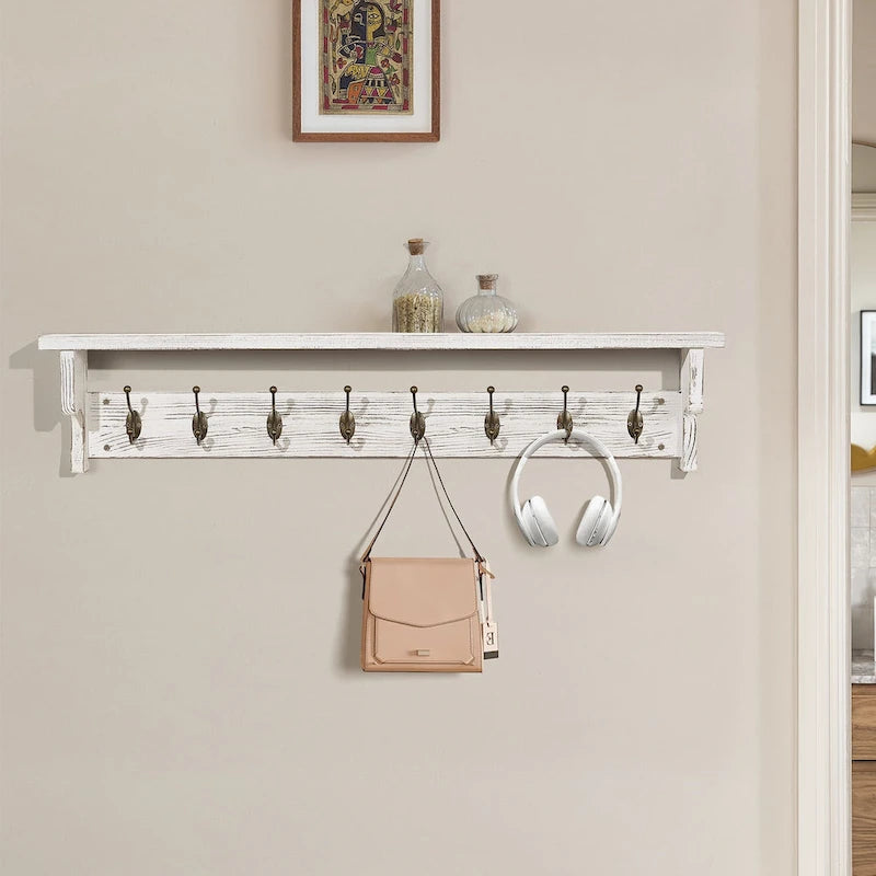 Porte-manteau mural 35,8 avec étagère de rangement et crochets métalliques - 35,8L x 4,6P x 7,8H