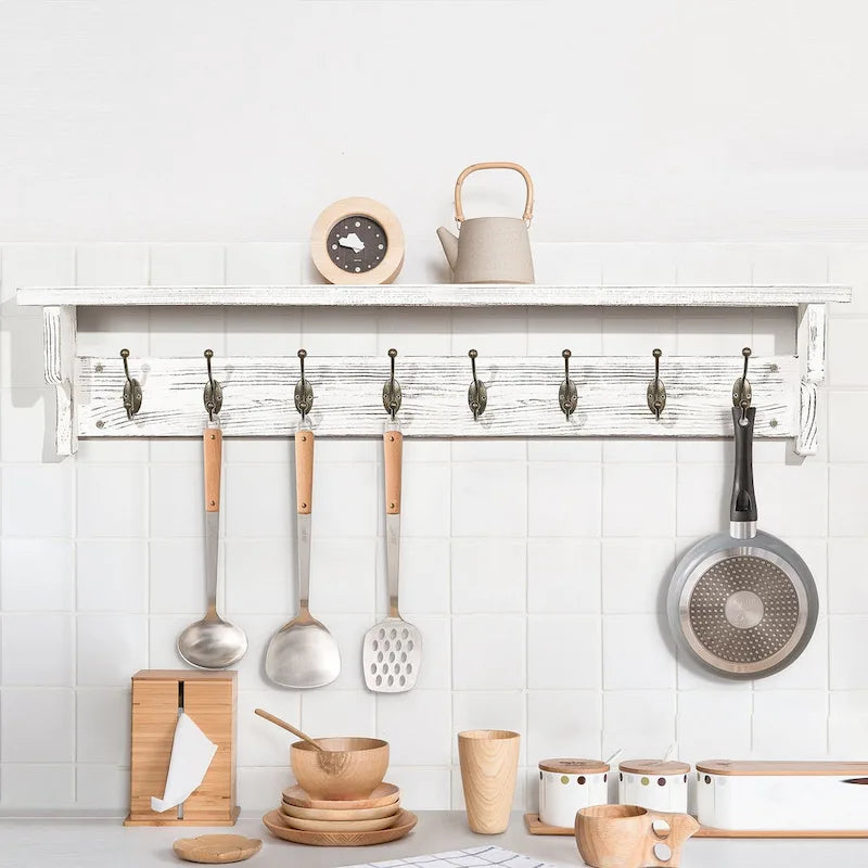 Porte-manteau mural 35,8 avec étagère de rangement et crochets métalliques - 35,8L x 4,6P x 7,8H