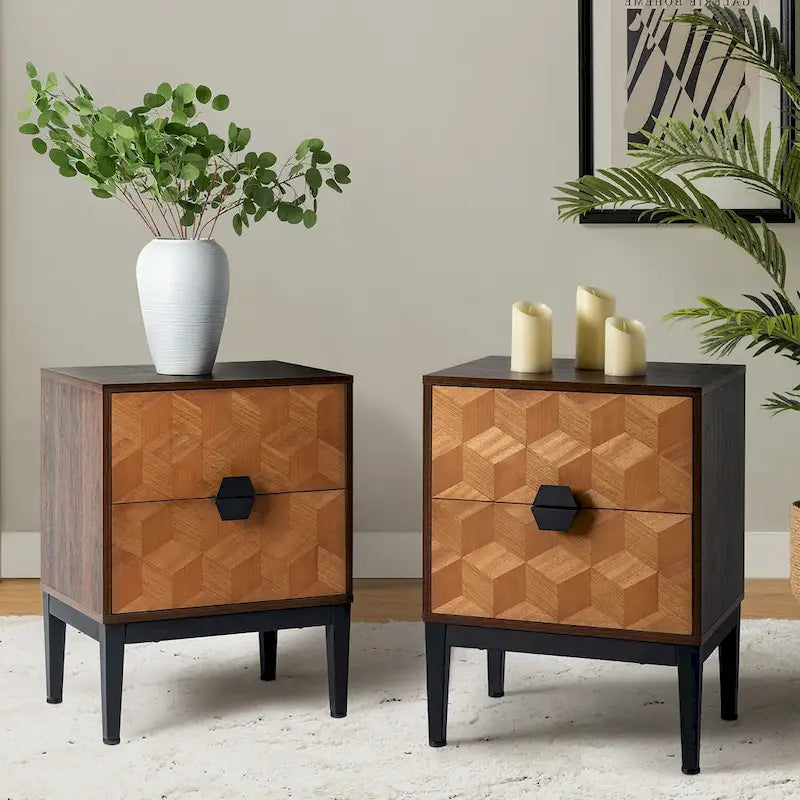 Table de chevet moderne de 25 pouces à 2 tiroirs avec station de charge et pieds réglables, lot de 2