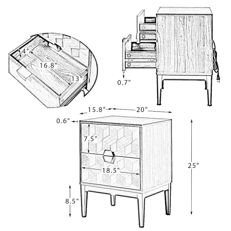 Table de chevet moderne de 25 pouces à 2 tiroirs avec station de charge et pieds réglables, lot de 2