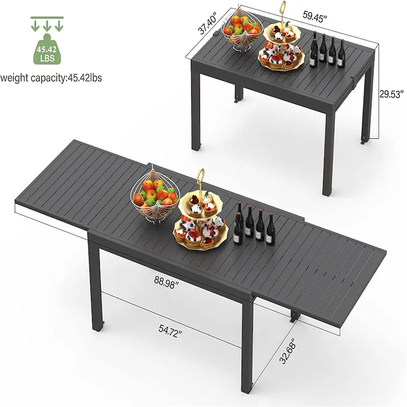 Table à manger extensible pour patio de 90 po, table d'extérieur rectangulaire en aluminium pour 4 à 8 personnes pour jardin bistrot