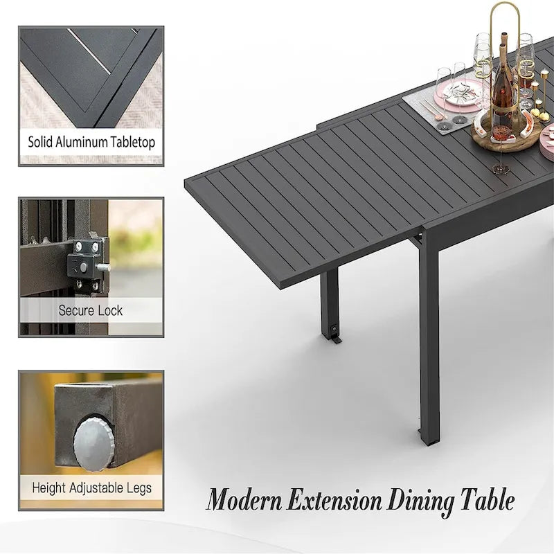 Table à manger extensible pour patio de 90 po, table d'extérieur rectangulaire en aluminium pour 4 à 8 personnes pour jardin bistrot