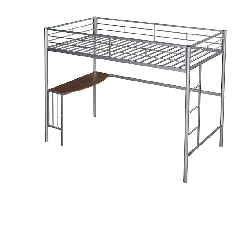 Lit mezzanine en métal avec bureau, échelle et barrières de sécurité