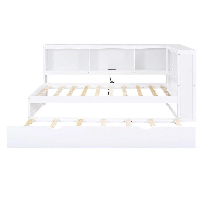 Lit de repos double avec lit gigogne, armoires de rangement et ports USB