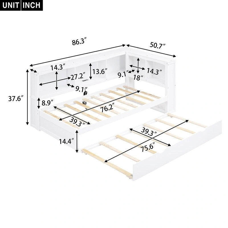Lit de repos double avec lit gigogne, armoires de rangement et ports USB
