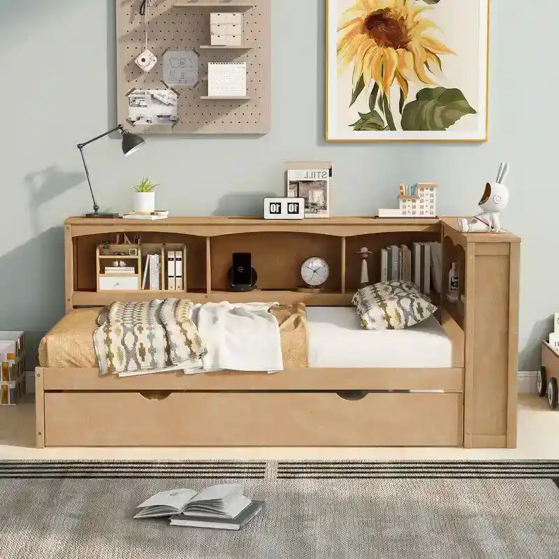 Lit de repos double avec lit gigogne, armoires de rangement et ports USB