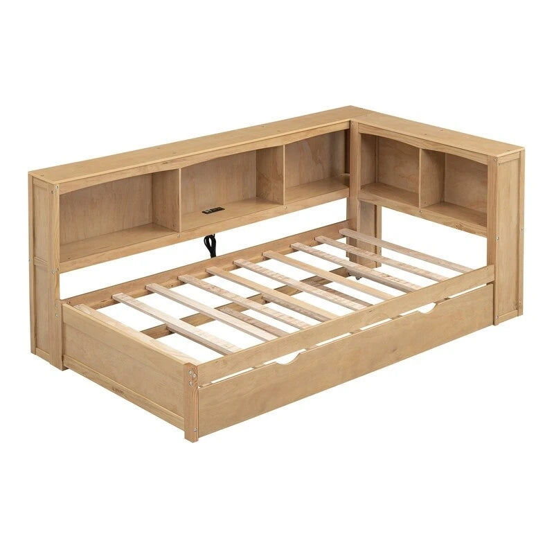 Lit de repos double avec lit gigogne, armoires de rangement et ports USB