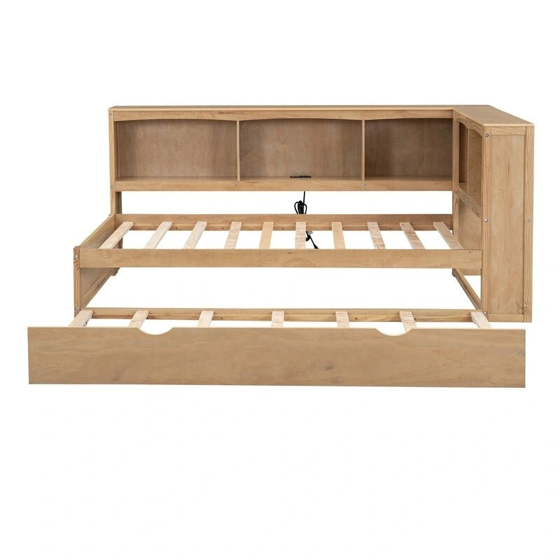 Lit de repos double avec lit gigogne, armoires de rangement et ports USB