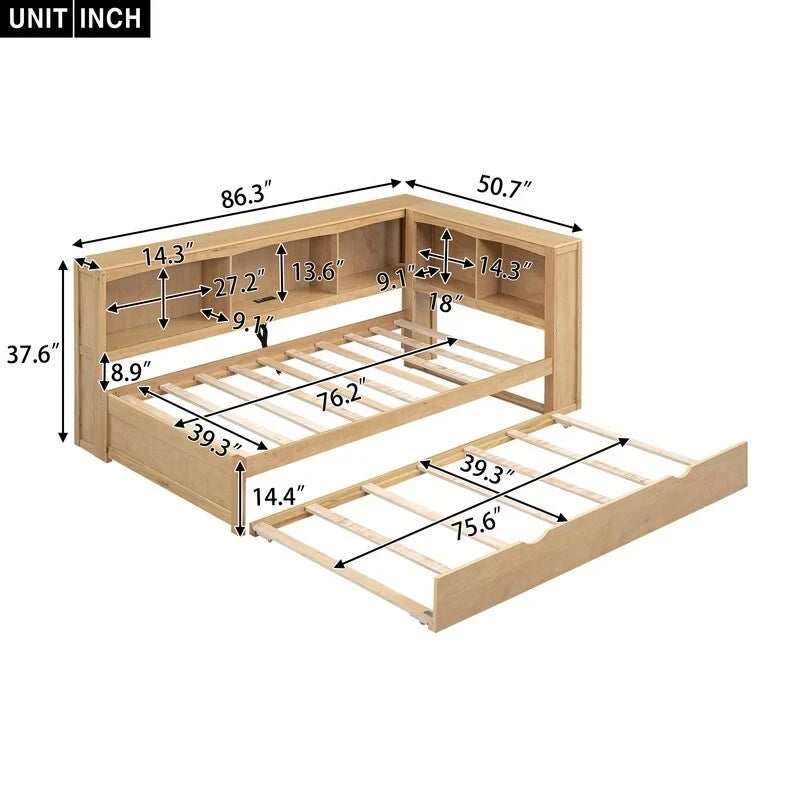 Lit de repos double avec lit gigogne, armoires de rangement et ports USB