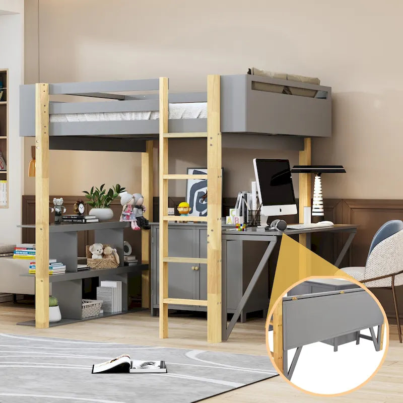 Lit mezzanine en bois avec placard de rangement intégré, casiers et bureau pliant