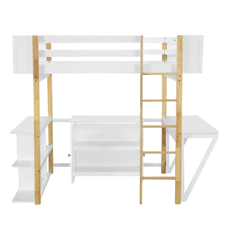 Lit mezzanine en bois avec placard de rangement intégré, casiers et bureau pliant