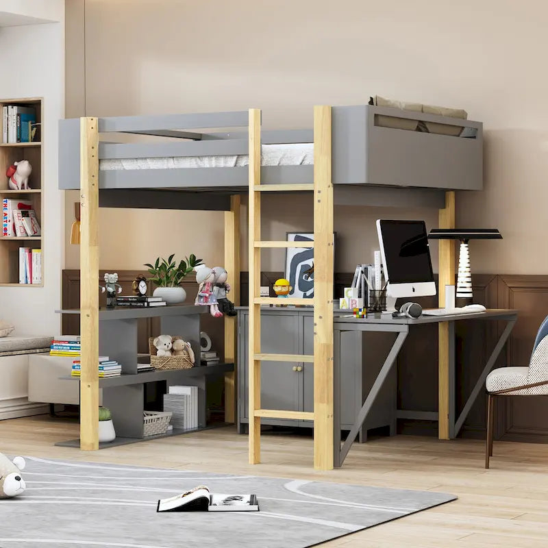 Lit mezzanine en bois avec placard de rangement intégré, casiers et bureau pliant