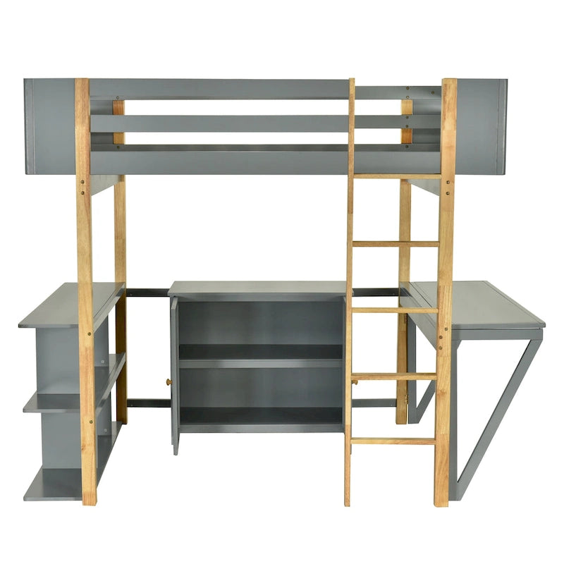 Lit mezzanine en bois avec placard de rangement intégré, casiers et bureau pliant